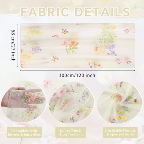 Beige White Floral Gauze Table Runner 10ft Embroidery Tulle Spring Decor - Image 5