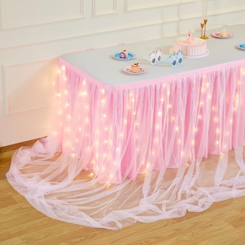 PARTISKY Pink Tulle Tutu Table Skirt for Rectangle Tables or Round Tables,Led Light String Table Cloth for Girls Baby Shower Birthday Party Dessert/Cake Tables - Image 3