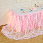 PARTISKY Pink Tulle Tutu Table Skirt for Rectangle Tables or Round Table,Led Light String Table Cloth for Girls Baby Shower Birthday Party Dessert/Cake Tables - Image 3