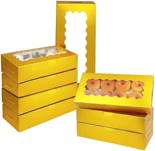 qiqee 50 Packs Gold Cookie Box with Window 12x5.5x2.5 Inch Two Uses Pastry Biscuit Bakery Box For Packaging by Qiqee