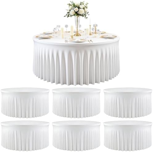 6 Pack White Round Spandex Tablecloths, 6FT/72In Stretchy Table Cloth with Skirt, Washable Fitted Tablecloth, Circle Wrinkle Free Table Cover for Wedding Party Birthday Outdoor Event by Torrowsrort