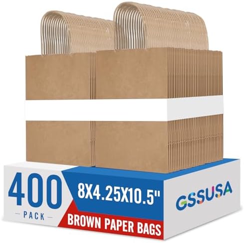 GSSUSA 400 Pack 8x4.25x10.5'' Paper Bags with Handles Bulk, Brown Paper Gift Bags for Small Business by GSSUSA