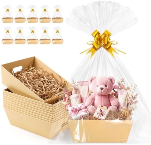 EVELOMO 10 Pack Empty Gift Baskets to Fill - 12" x 10" Large Baskets for Gifts Empty, Sturdy DIY Gifts Baskets Sets with 500g Crinkle Cut Papers for Birthdays Weddings Parties and Holidays (Kraft) by EVELOMO