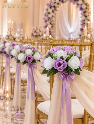NUPTIO Flower Wedding Centrepieces for Tables - 10 Pcs 9.5in Diameter Lilac & White Artificial Flowers Rose Ball for Centerpieces Table - Fake Rose Arrangements for Weddings Birthday Party Decor - Image 6