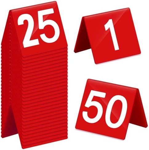Tuanse Table Numbers 1-50 Acrylic Double Sided Tents for Restaurant, Red by Tuanse