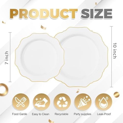 WDF 200PCS White and Gold Plastic Plates - Gold Plastic Plates - Include 100 Dinner & 100 Dessert Disposable Party Plate - Fancy Disposable Plate for Wedding/Baby Shower - Image 6