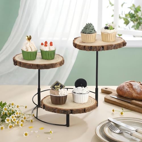 Chunful Staircase 3 Tier Round Natural Wood Cupcake Dessert Stand, Cup Cake Tower Stand Holder, Wooden Cake Display Tiered Centerpiece for Party, Birthday, Wedding, Baby Shower, Holiday Decoration - Image 3
