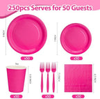 250Pcs Hot Pink Paper Plates and Napkins Supplies, Include 9’’Paper Party Plate, 7’’Dessert Plates Cups Napkins Forks Sets for Birthday, Anniversaries, Wedding, Picnics, Serves 50 - Image 2