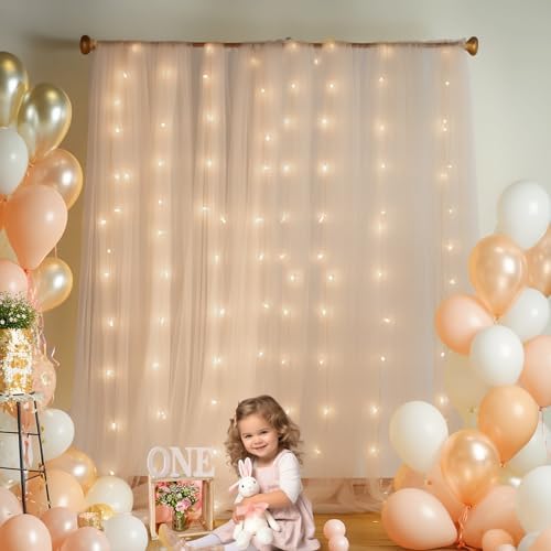 10x10ft Champagne Tulle Backdrop Curtain with Lights String for Parites, Sheer Backdrop Curtains for Wedding Baby Shower Birthday Party Photo Shoot Decorations - Image 3