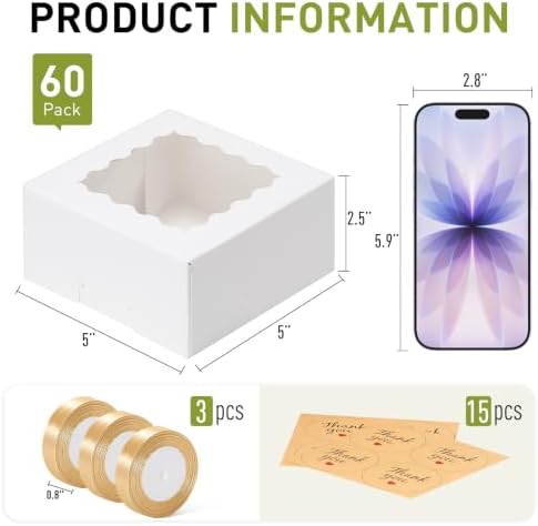 5x5x2.5 Auto-Popup Small Cookie Boxes with Window, White, 60 Pack - Image 2