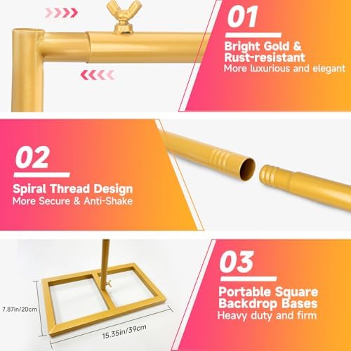 Wedding Arch Backdrop Stand Square 6.6FTx6.6FT Gold Metal Balloon Arch Stand Garden Arbor Backdrop Frame for Wedding Birthday Party Baby Shower Photo Booth Background Decoration - Image 6