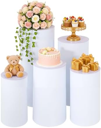 SHZICMY 5 Pcs White Cylinder Pedestal Stands for Wedding Decor, Round Acrylic Display Stand Set, Stackable Hollow Dessert Cake Stand for Birthday Party Baby Shower Celebration by SHZICMY
