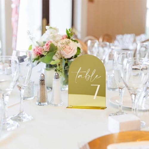 HOODO Gold Mirror Acrylic Wedding Table Numbers 1-15 with Stands, 5"x7" Arched Acrylic Sign and Holder, Gold Mirror Arch Table Numbers for Wedding Reception, Party, Anniversary, Event - Image 4