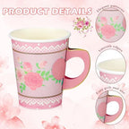 FillTouch 100 Sets Floral Paper Tea Cups and Saucers Disposable Paper Tea Party Supplies 9 oz Cups with Handle and Saucer for Birthday Wedding Party Decorations (Classic Style) - Image 4