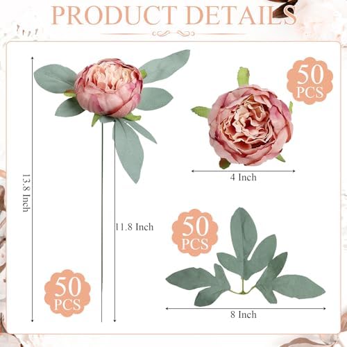 50Pcs Artificial Peonies Flowers, 4’’ - Dusty Pink - Image 2