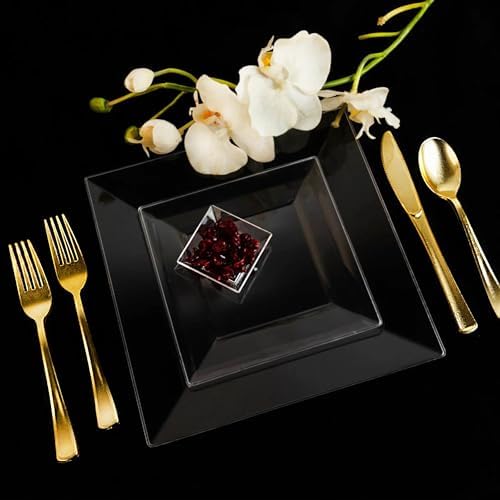 EcoQuality 9.5" inch Clear Square Plastic Plates - Disposable China Like Party Plates, Heavy Duty Salad Plates, Dessert Plate, Dinners, Dessert, Wedding, Serveware, Catering (90) - Image 3