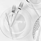 Luxe Party 128 Pieces Two Tone Plastic Disposable Cutlery | Forks-Spoons-Knives | Full Size | Chic Round | Glitter and Silver - Image 4