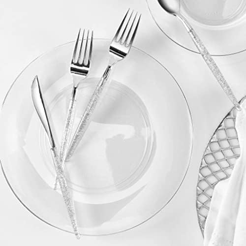 Luxe Party 128 Pieces Two Tone Plastic Disposable Cutlery | Forks-Spoons-Knives | Full Size | Chic Round | Glitter and Silver - Image 4