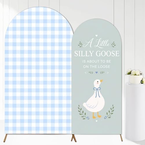2PCS Silly Goose Baby Shower Arch Backdrop Cover Green Blue 6ft 7.2ft Stretchy Spandex Fitted A Silly Goose is About to Be on the Loose Backdrop for Silly Goose Baby Shower Decorations Party Supplies by Tarndom