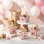 Teecyhooo 30sets Pink Gingham Wooden Gift Baskets with Handles Bow Stickers - Image 4