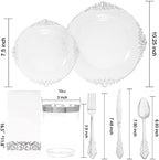 FLOWERCAT 175PCS Clear Silver Plastic Plates -Include 50 Plates, 25 Cups, 25 Forks, 25 Knives, 25 Spoons, 25Napkins for Wedding & Party&New Year - Image 2