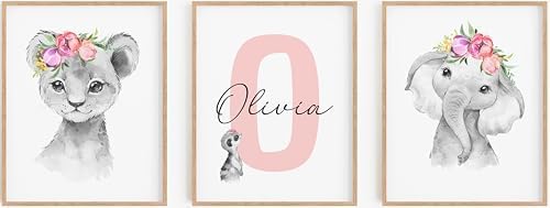 Personalized Safari Nursery Wall Art Set – Custom Name Jungle Animal Prints – Baby Girl Room Decor Pictures Pink Floral Accents – Baby Shower Posters for Girls - Unframed (Personalized Set of 3, 13x19) by PrintsMadePerfect