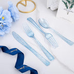 Rubtlamp 180Pcs Blue Glitter Dinnerware Set(30 Guests), Blue Plastic Plate With Gitter Disposable Silverware, Gitter Plate Set Include 30Dinner Platos, 30Dessert Platos, 90Cutlerys, 30Cups for Party - Image 4