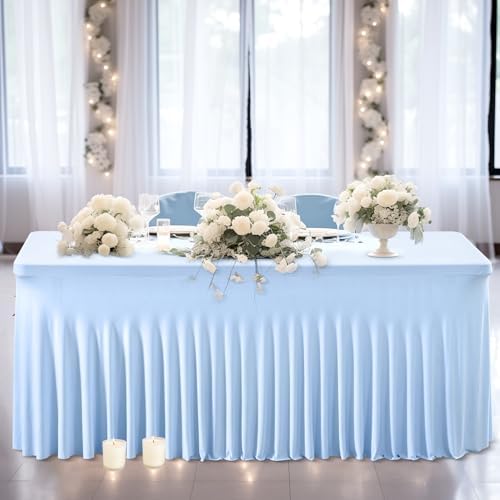 Wish Care 2 Pack Baby Blue Spandex Table Clothes for 8 Foot Rectangle Tables, 8FT Wrinkle Free Fitted Tablecloths Ruffles Design Table Cover for Party, Banquet, Wedding and Events - Image 6