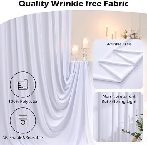 40ft x 10ft Wrinkle Free White Backdrop Curtain for Parties, 8 Panels Silky Polyester White Wedding Drapes for Backdrop 10 ft Photo Back Drop Fabric Cloth for Party Graduation Photography Background - Image 4