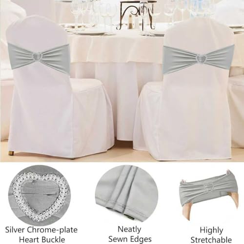 Silver Grey Chair Sashes 50 Pack Spandex Grey Sashes for Chairs Covers Universal Stretch Chair Sashes Band with Heart Buckle Slider for Wedding Banquet Party Decorations - Image 4
