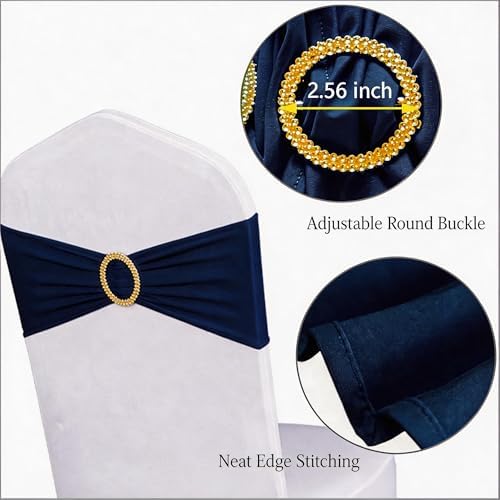 Pack of 50 Spandex Navy Blue Chair Sashes with Gold Buckles, Stretch Chairs Sashes for Wedding Party Baby Shower Ceremony Event Decorations Chair Bands Bows (Navy Blue Sashes, Gold Buckles) - Image 4