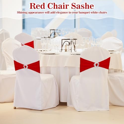 VitalCozy 100 Pcs Spandex Chair Sashes with Crown Buckle,Red - Image 5