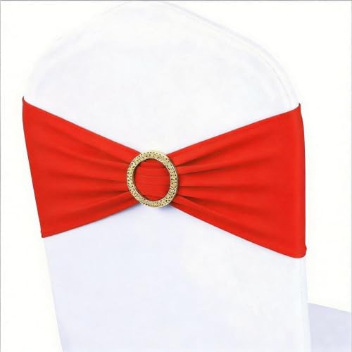 Red Chair Sashes 50 Pack with Gold Buckle Slider, Spandex Red Chair Bands Bows for Folding Chairs Wedding Party Banquet Décor by MAGTOWNE