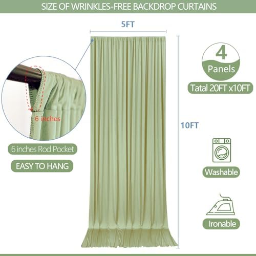 ESGOTBME 20x10ft Wrinkle Free Sage Green Backdrop Curtain for Parties Soft Fabric Drapes Wedding Curtain Backdrop for Birthday Party Decorations Background for Photography 5x10ft, 4 Panels - Image 4