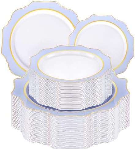 WDF 100PCS Blue Plastic Plates - Light Blue Plates Disposable - Heavy Duty Scalloped Plastic Plate for Parties/Wedding/Baby Shower by WDF