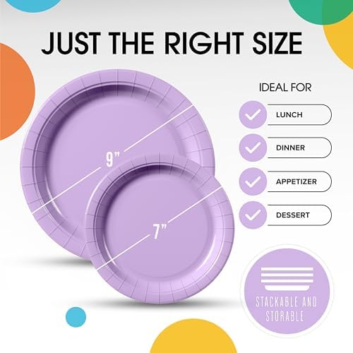 Party Solids Exquisite Lavender Paper Plates Disposable Heavy Duty 200 Pcs - 100-7" & 100-9" Lavender Disposable Plates For Party Heavy Duty 350 GSM For Birthday Supplies - Image 3