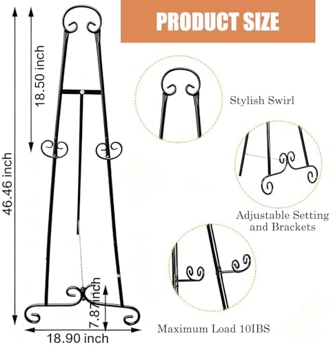 46" H Adjustable Metal Display Easel - Vintage Black Scroll Design, Rust-Proof Metal Stand for Showcasing Pictures, Artlork, Picture Frame and Wedding Signs - Image 2