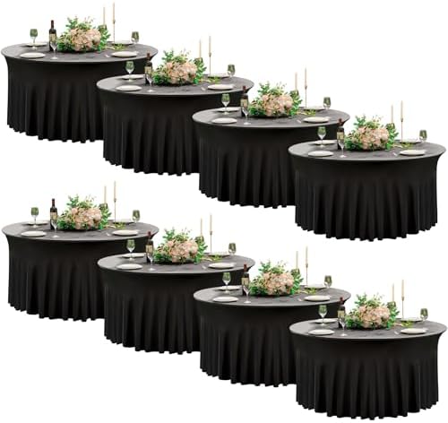 8 Pack Black Round Spandex Tablecloth 60 Inch, Wrinkle Free Stretch 120 Inch Fitted 5ft Black Table Cloths Round Table Covers with Ruffle Skirt for Graduation Wedding Party Banquet by Nobed+HHT