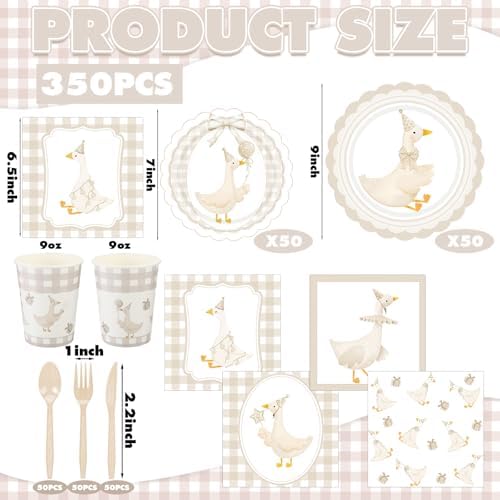 Zhehao 350 Pcs One Silly Goose Birthday Party Tableware Set Beige Bow Scalloped Baby Shower Plates Cup Napkins Forks for Birthday Party Decorations Supplies for 50 Guests - Image 6