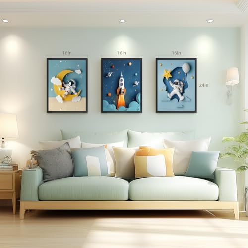 PORENY Astronaut Nursery Wall Art Set of 3, Rocket Moon Planet Canvas Prints, Cute Outer Space Nursery Decor, Space Theme Kids Room Artwork for Baby Boys Girls Bedroom Wood Framed 12x16 Inch - Image 6