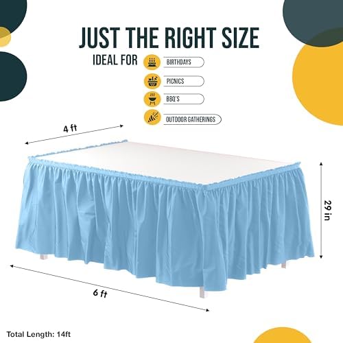 Exquisite Light Blue Table Skirt 12 Pack - Disposable Plastic Table Skirts for Rectangle Tables 6ft 8ft & Round Tables - 29in x 14ft Self-Adhesive Strip - Birthday Wedding Gender Reveal Decor - Image 4