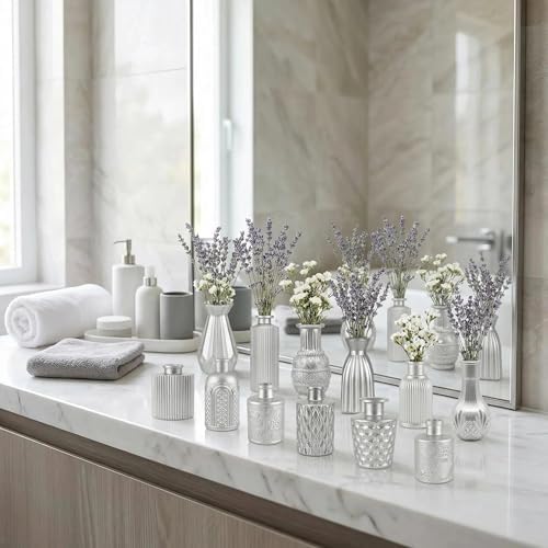 32 PCS Assorted Vintage Bud Vases, Colorful Glass Small Vases Bulk, for Centerpieces, Wedding Table Decor, Home Decorations & Gifts (Silver Srires) - Image 5
