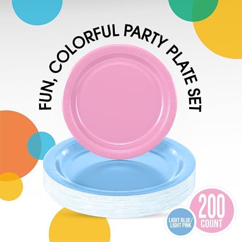 Party Solids Exquisite Light Blue & Pink Mixed Paper Plates - 7" & 9", 200 Pack (100 each), 350 GSM - Image 2