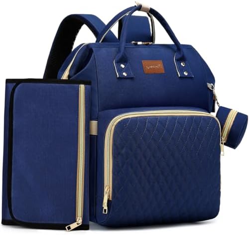 ROSEGIN Diaper Bag Backpack with Changing Pad, Pacifier Case, Baby Bag for Boy Girl Toddler - Large, Stylish, Waterproof Travel Quilted Diaper Bag for Mom - Baby Shower - Navy Blue by ROSEGIN