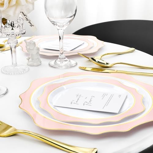 realluck 100Pcs White & Pink Plastic Plates for 50 Guests - Image 5