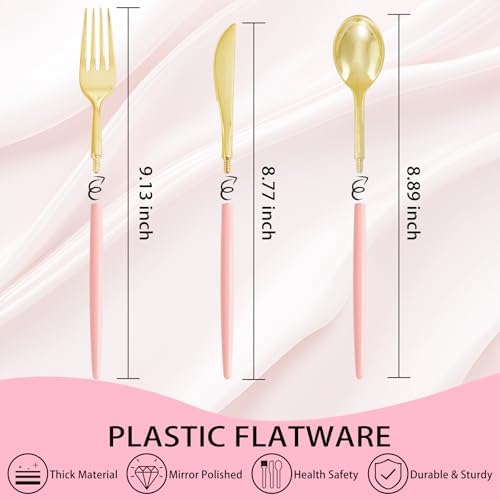 Supernal 102Pcs Gold Disposable Utensils with Pink Handle for Wedding Party - Image 3