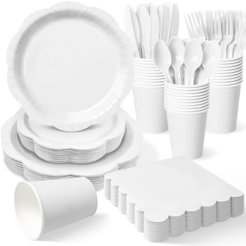 350 Pcs White Decagonal Disposable Party Supplies Set - 7" & 9" Paper Plates, 50 Cups, 150 Cutlery, 50 Napkins - Complete Party Kit for Wedding, Baby Shower, Birthday by Unknown
