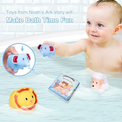 MyMateZoe My First Noahs Ark 7 pcs Baptism Gift Set, Dedication, Christening and Baptism Gifts for Boys and Newborn Baby, Includes Washcloth and Hooded Towel, Baby Bath Book, 3 Bath Toys and Gift Bag - Image 4