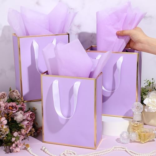 Yeaqee 50 Pcs Metallic Paepr Gift Bags Bulk with Handles,Lavender Purple - Image 4