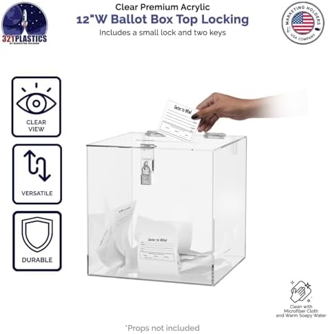 Marketing Holders 12 Inch Locking Ballot Box Clear Acrylic Square Cube Top Locking See Through Countertop Contests Entry or Suggestion Collection Bin - Image 3